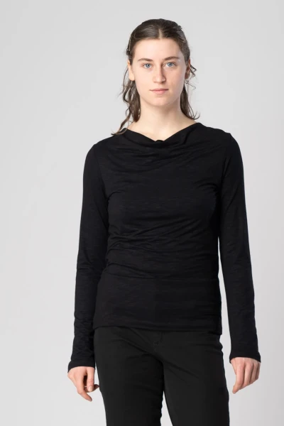 Langarmshirt für Damen aus Viskose in Schwarz mit Wasserfall-Ausschnitt Frontansicht