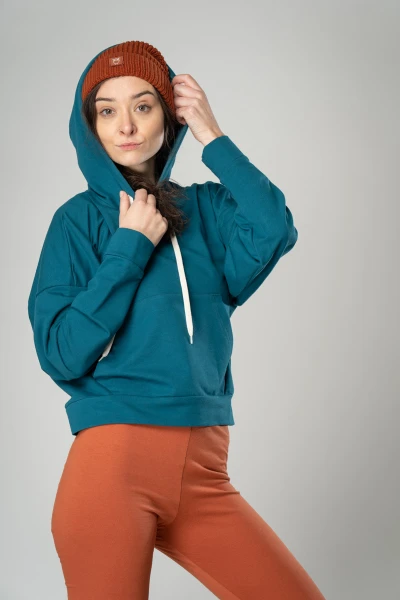 Hoodie für Damen aus Baumwolle in Petrol seitliche Ansicht