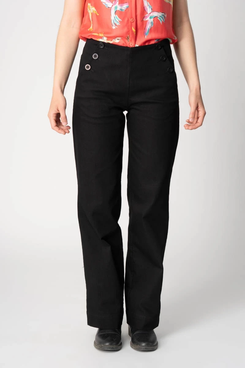 Schwarze Wide Leg Hose aus Baumwolle für Damen Nahansicht frontal