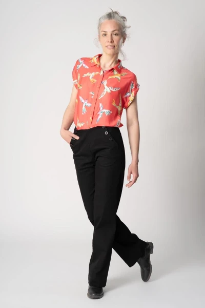 Schwarze Wide Leg Hose aus Baumwolle für Damen Seitenansicht links