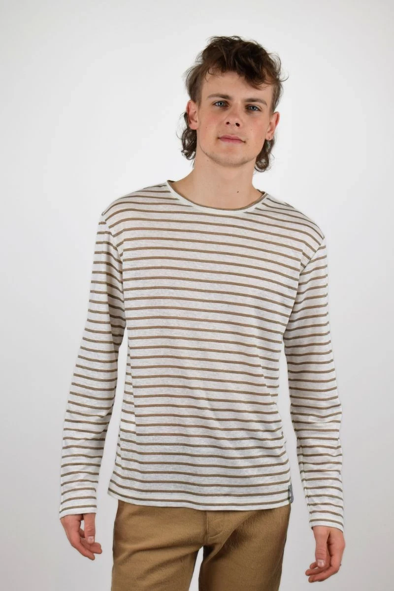 Langarmshirt für Herren aus Leinen in weiß mit Querstreifen in khaki Frontansicht