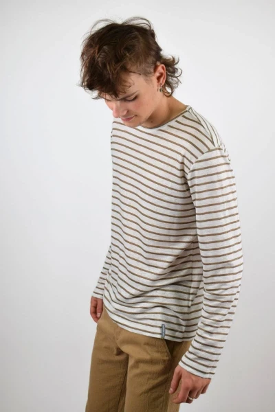 Langarmshirt für Herren aus Leinen in weiß mit Querstreifen in khaki Seitenansicht links