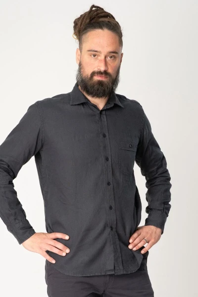 Leinenhemd für Herren in anthrazit langärmlig seitliche Frontansicht