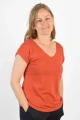 T-Shirt aus Leinen für Damen in orangerot mit V-Ausschnitt Seitenansicht rechts
