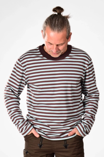 Türkis-Braun gestreiftes Langarmshirt für Herren aus Baumwolle - Ansicht Front Detail