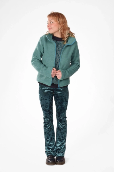 Faire Wolljacke für Damen in Türkis mit hohem Kragen - Adrett