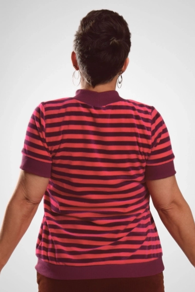 Shirt Nickisamt Damen – Aubergine Pink Streifen – fair made – Adrett