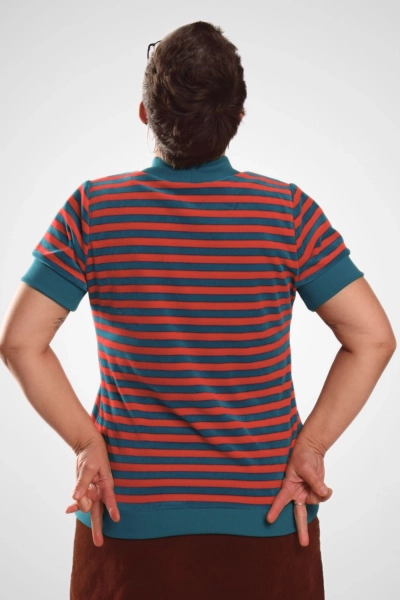 Shirt Nickisamt Damen – Türkis Rot Streifen – fair made – Adrett