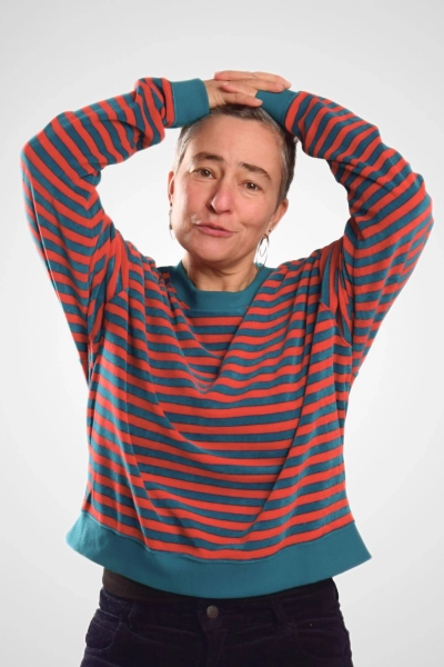 Fairer Samt Pullover Damen Türkis Rot Streifen – Nicki – Potatoes