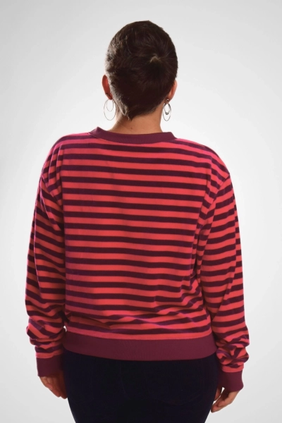 Fairer Samt Pullover Damen Lila Rot Streifen – Nicki – Potatoes