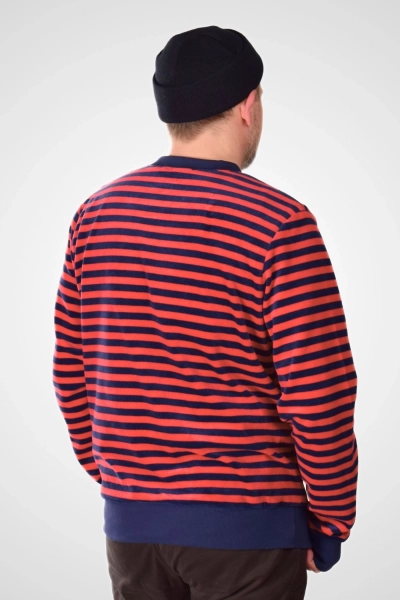 dunkelblau-rot gestreifter Herrenpullover aus weichem Nikki Stoff mit Bündchen - Rückansicht