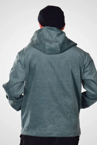 Schlupfjacke in türkis von Helden & Halunken von hinten, Kapuze liegt an