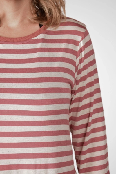 Detail Rundhalsausschnitt mit Bündchen, hochwertige Viskose mit Leinenanteil, Streifen Damenmode