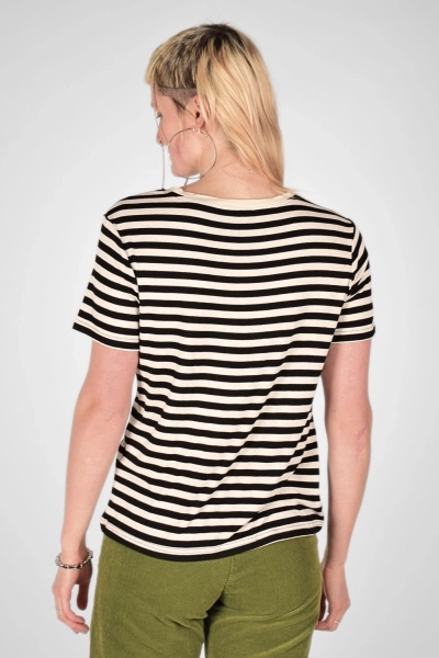T-Shirt "Karo" aus Viskose und Schwarz Beige gestreift von hinten