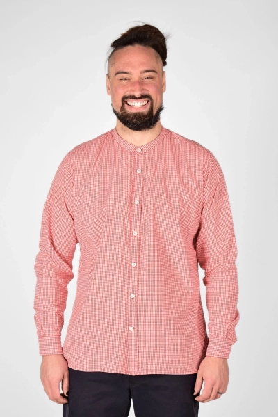 Leinenhemd Henry Stehkragen - rot weiss kariert