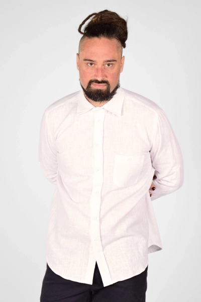 Leinenhemd "Karsten" in weiß mit geschlossenem Kentkragen - Frontal