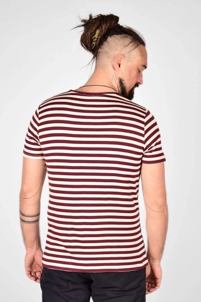 Viskose T-Shirt für Herren – weinrot-beige gestreift mit Rundhals