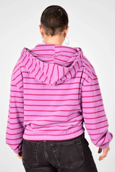 Kurze Frotteejacke für Damen – Pink mit Streifen & Kapuze – Potatoes