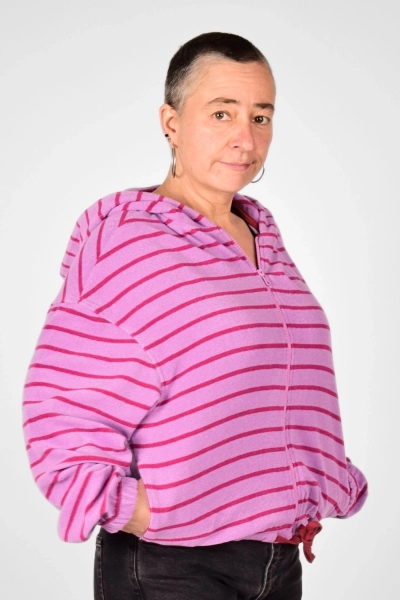 Kurze Frotteejacke für Damen – Pink mit Streifen & Kapuze – Potatoes