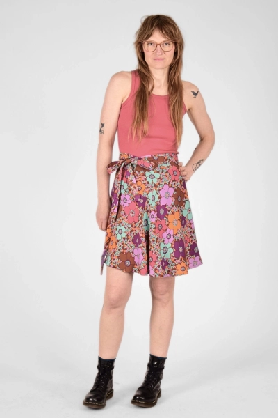 Wickelrock Lydia Viskose kurz - braun orange türkis violett Blüten