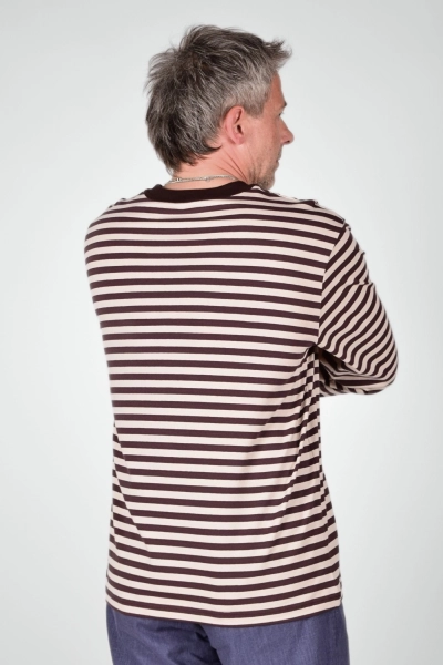 Rückansicht vom Langarmshirt "Paul" aus Baumwolle in braun beige getsreift