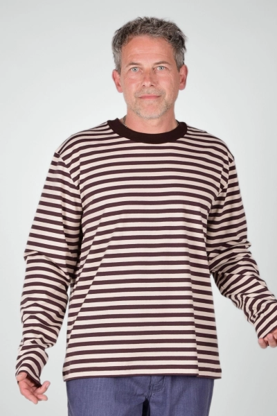 frontale Sicht auf Langarmshirt "Paul" aus Baumwolle in braun beige getsreift
