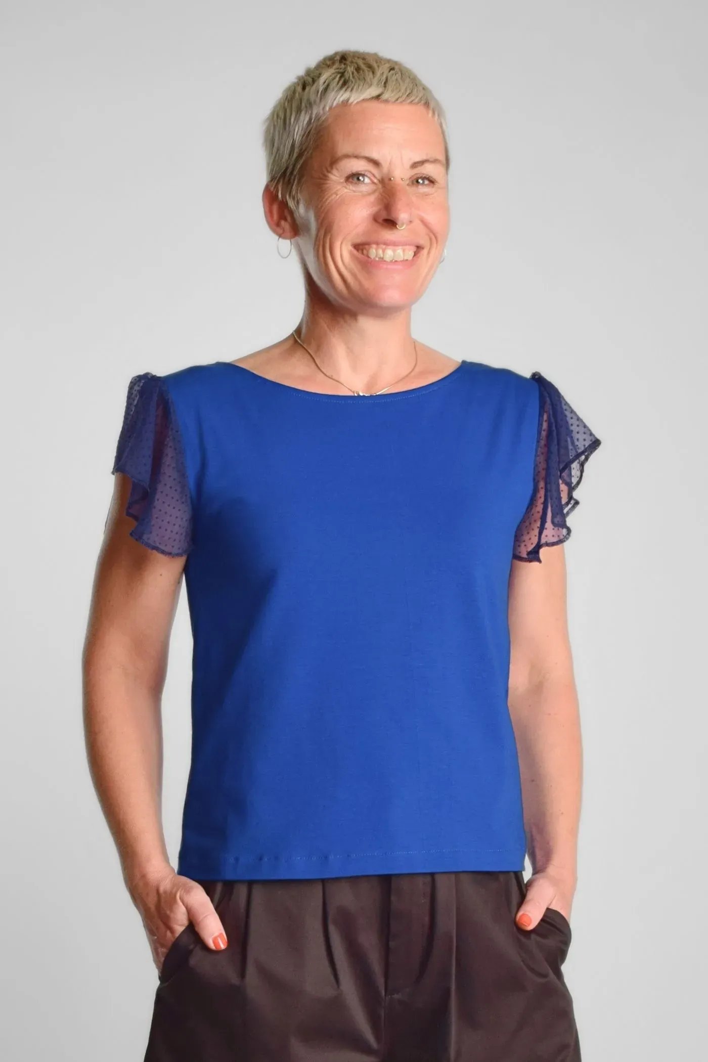 Blaues Bio Top für Damen – Bio-Baumwolle & Rüschen – Green Potatoes