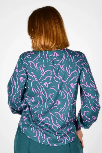 Viskose Bluse für Damen Langarm - Flieder Petrol Muster - Adrett