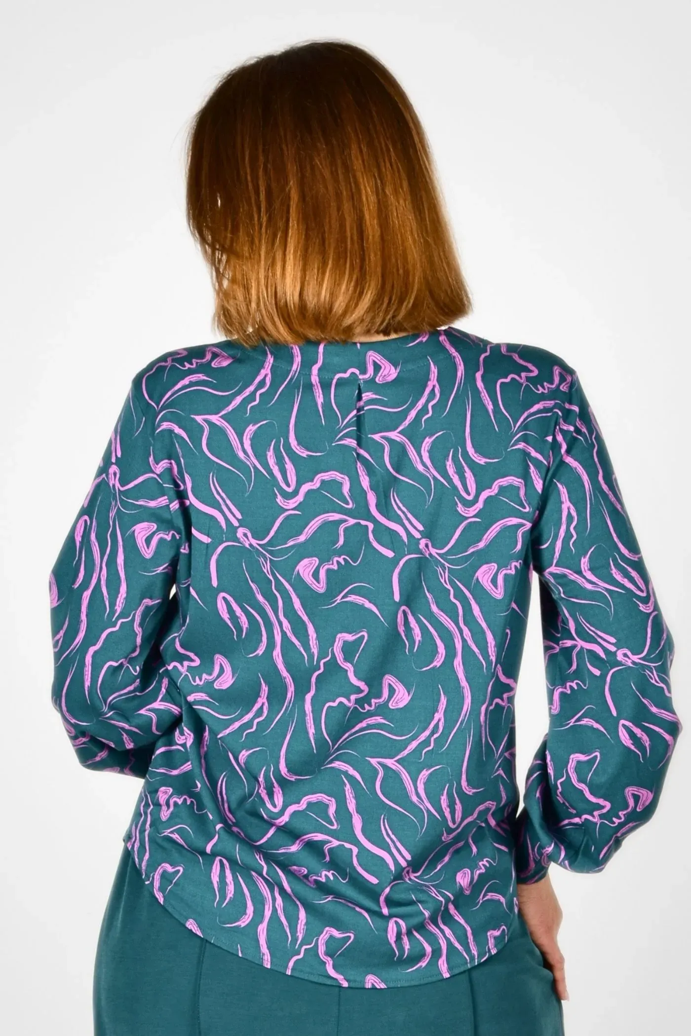 Viskose Bluse für Damen Langarm - Flieder Petrol Muster - Adrett