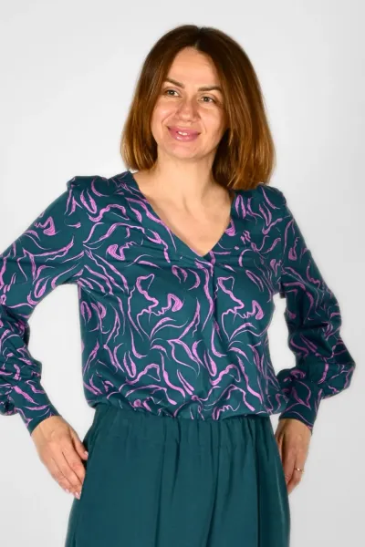Viskose Bluse für Damen Langarm - Flieder Petrol Muster - Adrett