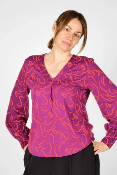 Viskose Bluse für Damen Langarm - Rot Violett Muster - Adrett
