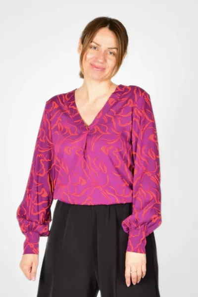 Viskose Bluse für Damen Langarm - Rot Violett Muster - Adrett