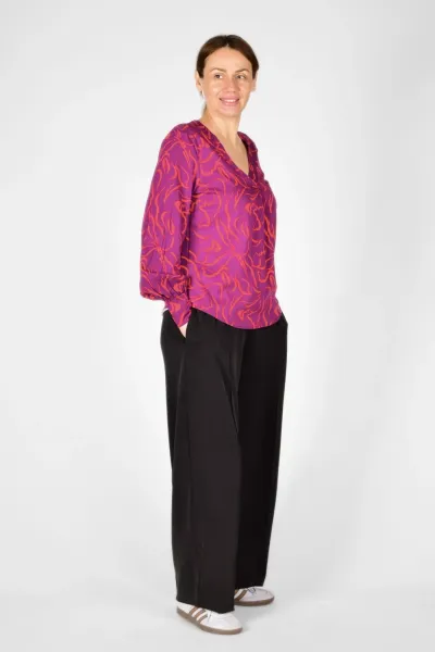 Viskose Bluse für Damen Langarm - Rot Violett Muster - Adrett