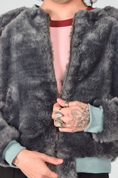 Graue Plüsch Blouson-Jacke für Damen - Kunstfell - Potatoes