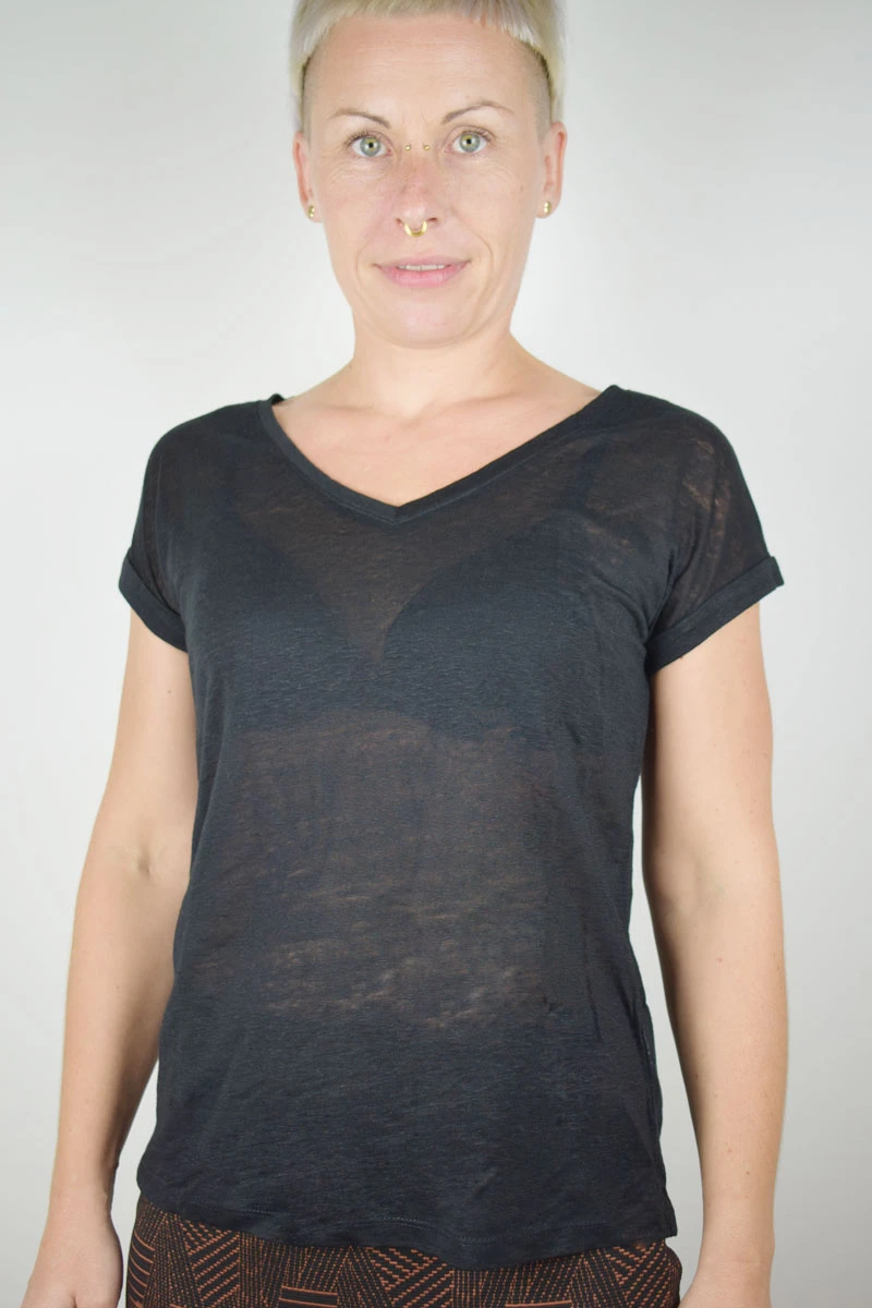 Schwarzes Leinen T-Shirt für Damen Frontansicht