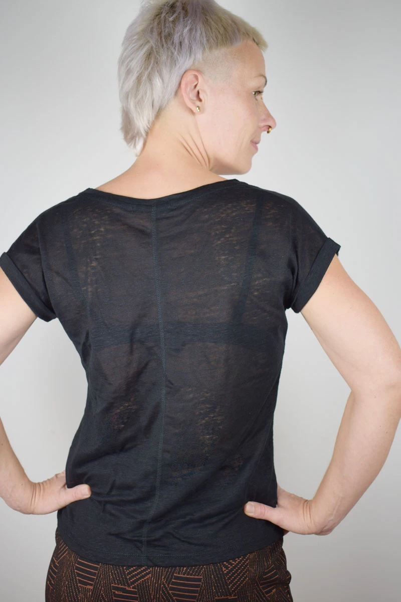 Schwarzes Leinen T-Shirt für Damen Rückansicht