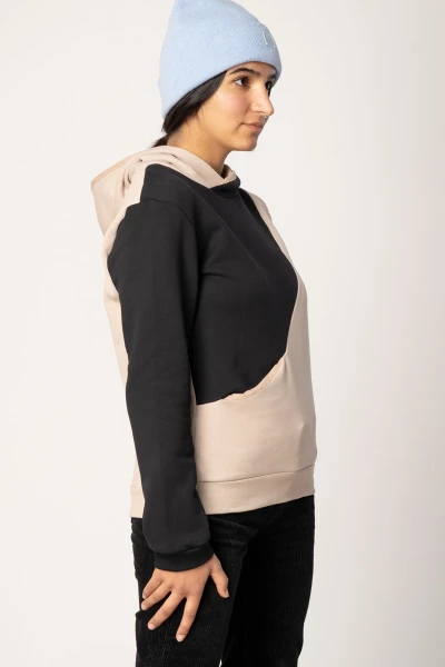 Hoodie für Damen Bio-Baumwolle Blockfarben Beige-Schwarz Ansicht von vorne