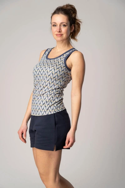 Tanktop Blau für Damen mit Papageien Muster Seitenansicht links