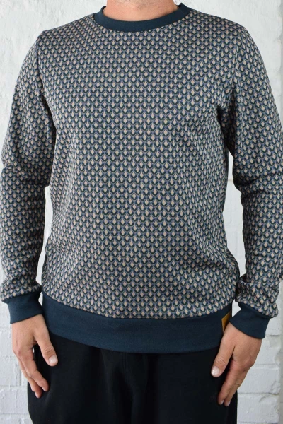 Pullover für Herren mit blauem Art Deco Muster von vorne