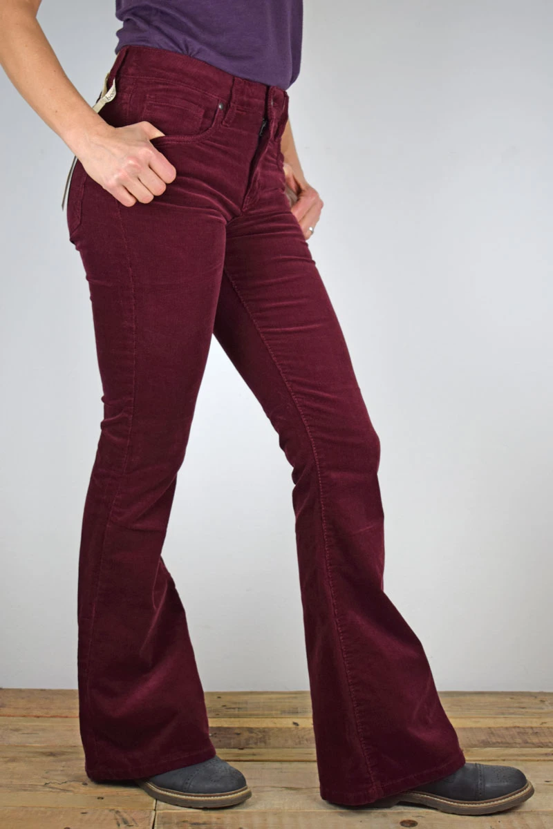 Bootcut Cordhose Damen Weinrot Ansicht Ansicht seitlich von vorne