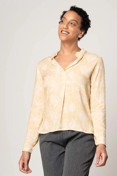 Viskose Bluse Langarm für Damen in Beige mit weißen Orchideenmuster