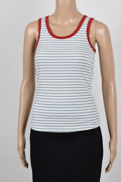 Tanktop Damen Weiß mit hellblauen Streifen seitliche Ansicht