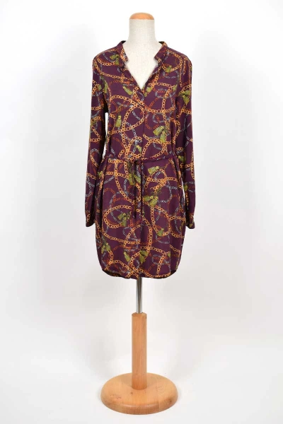 Blusenkleid  Langarm aus Viskose in Aubergine mit Kettenmuster Ansicht Front