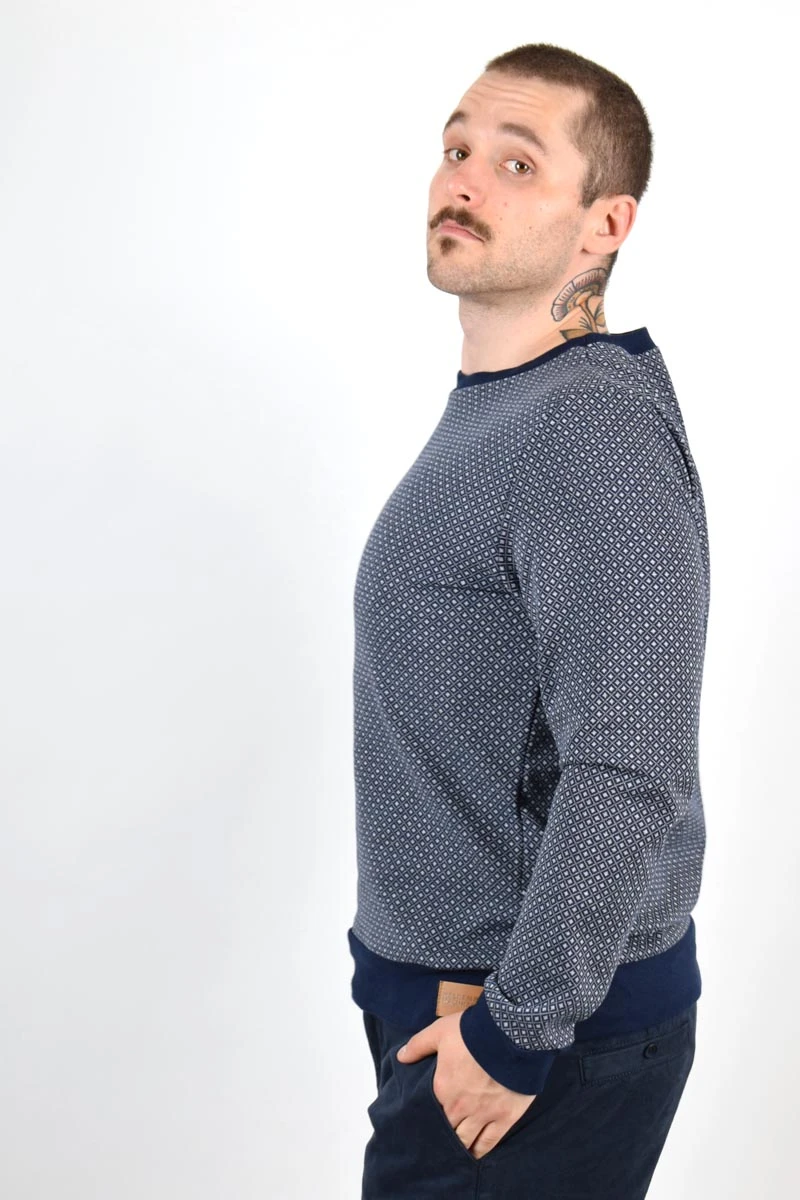 Herrenpullover in Navy und Hellblau mit geometrischem Muster Rückansicht