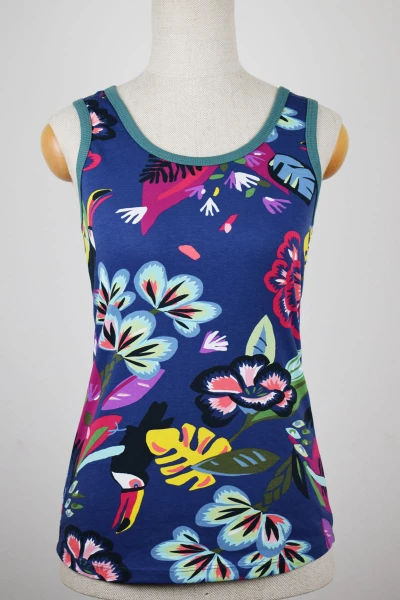 Tanktop für Damen in Dunkelblau mit Tucan-Blumen-Muster Ansicht Front