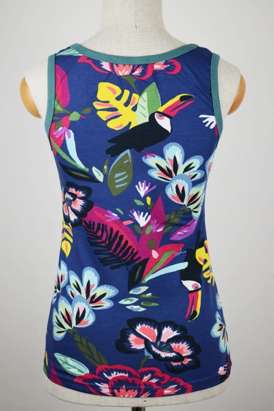 Tanktop für Damen in Dunkelblau mit Tucan-Blumen-Muster Ansicht Front