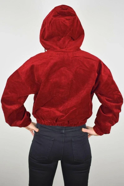 Kurze Cordjacke für Damen mit Kapuze Rot Frontansicht