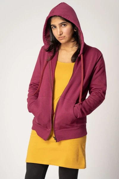 Sweatjacke aus Biobaumwolle für Damen mit Kapuze Beere Frontansicht