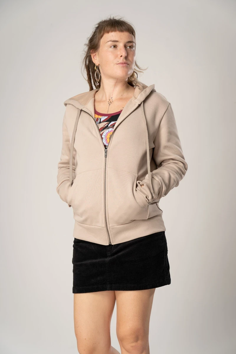 Sweatjacke aus Biobaumwolle für Damen Beige seitliche Frontansicht