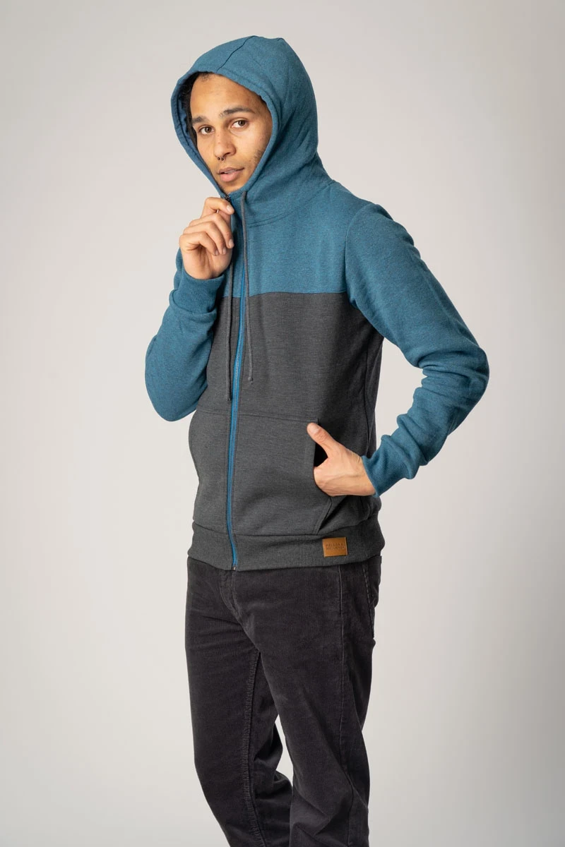 Sweatjacke "Oli" für Herren BlockfarbenGrau & Türkis - Hooded